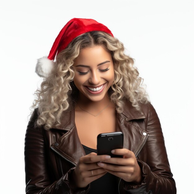 Donna vestita da Babbo Natale che usa un cellulare