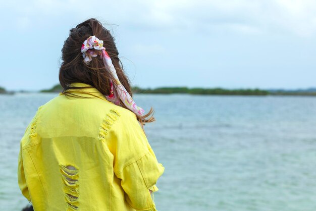 Donna viaggiatore nel mare posteriore