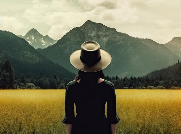 Donna viaggiatrice con zaino che tiene il cappello e guarda incredibili montagne e voglia di viaggiare nella foresta