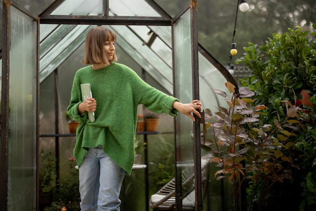 Donna vicino alla serra in giardino