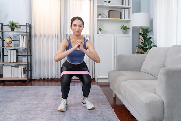 Donna vigorosa ed energica che fa esercizio a casa con una fascia sportiva di resistenza per aumentare i muscoli delle gambe Sessione di allenamento di forza e resistenza di una giovane donna atletica asiatica come routine di allenamento a casa con squat