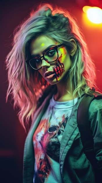 Donna zombie di Halloween con gli occhiali