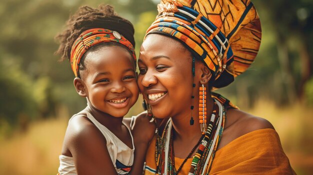 Donne africane che si coccolano all'aperto Madre e figlia afro si divertono in abiti tradizionali Cultura amore e idea di famiglia GENERARE AIxAxA