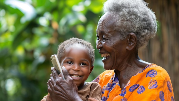 Donne africane che sorridono al telefono, un bambino in grembo che indossa un abito arancione, una zona rurale felice.