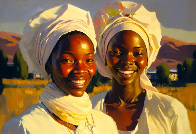 donne africane con turbante sorridente, pittura a olio