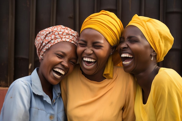 Donne africane felici in abiti tradizionali e foulard Le donne nere provano emozioni positive