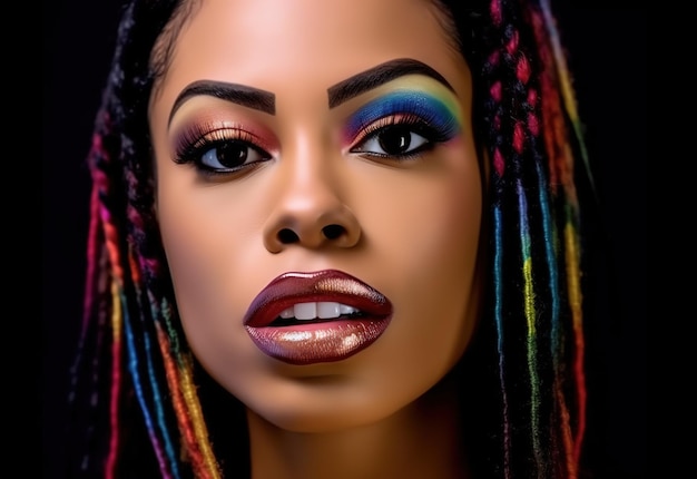 Donne afroamericane con orgoglio colore del viso dipinto LGBTQ diritti mese dell'orgoglio bandiera dell'arcobaleno