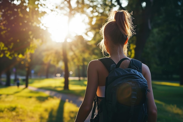 Donne al tramonto camminano nel parco con lo zaino