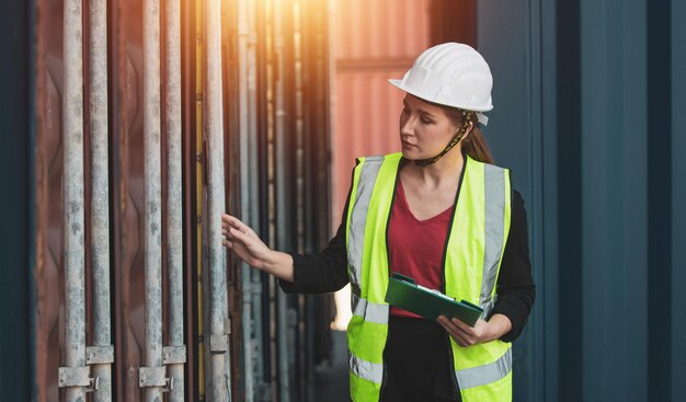 Donne americane Lavorano in un'area di un cantiere marittimo internazionale Servizio di consegna export e import con container