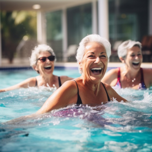 Donne anziane attive che si godono lezioni di acquagym in una piscina mostrando gioia e cameratismo che incarnano ah