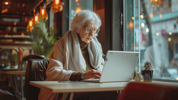 Donne anziane in abiti casual e occhiali da sole che lavorano al caffè interno moderno del computer portatile