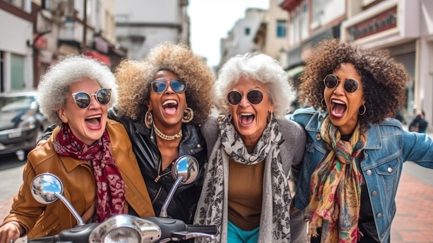 Donne anziane multirazziali che si divertono all'aperto in una strada cittadina IA generativa