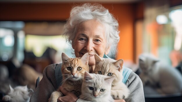 Donne anziane volontarie al rifugio locale per animali allegramente generate dall'AI