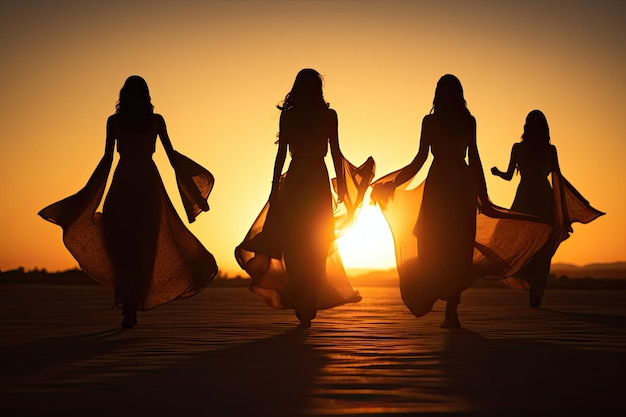 Donne arabe in abiti tradizionali silhouetted contro i colori vibranti di un tramonto nel deserto le loro poste graziose e vestiti fluenti illuminati dalla calda luce dorata