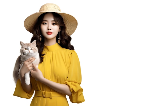 Donne asiatiche che indossano un panno giallo con in mano un gatto foto realistica generata dall'AI