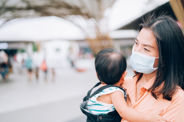 Donne asiatiche in mascherina medica sterile protettiva. Inquinamento atmosferico, virus, concetto di coronavirus