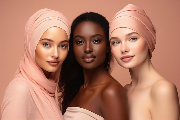 Donne attraenti di diverse nazionalità in eleganti abiti di colore di tendenza albicocca