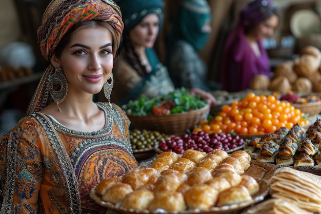 Donne azere e un vassoio Novruz con dolci tradizionali