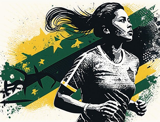Donne brasiliane giocatore di calcio in azione silhouette vintage bandiera Brasile vettore Line Art illustrazioni generate dall'IA