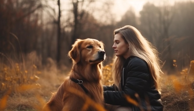 Donne caucasiche che sorridono abbracciando il simpatico retriever nella foresta generata dall'intelligenza artificiale