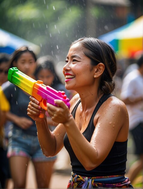 Donne che giocano con pistole ad acqua al festival di Songkran