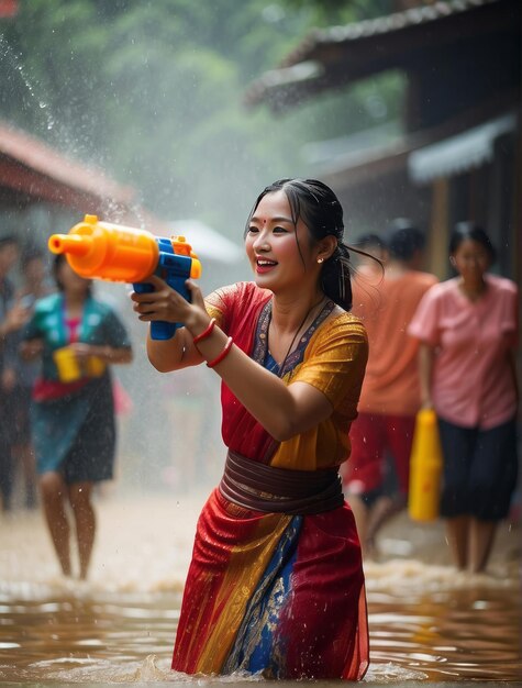 Donne che giocano con pistole ad acqua al festival di Songkran