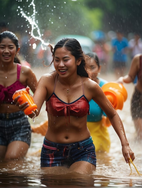 Donne che giocano con pistole ad acqua al festival di Songkran