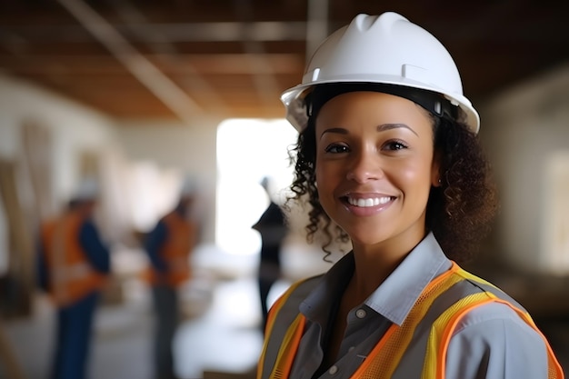 donne che lavorano appaltatore edile che indossano il casco dell'attrezzatura di sicurezza con lo sfondo del sito di costruzione