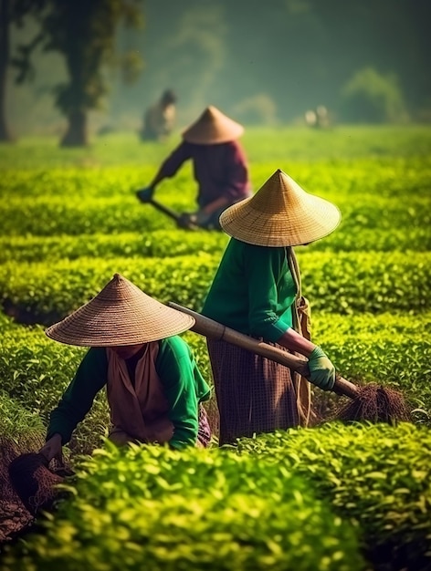 Donne che lavorano in una piantagione di tè con un campo verde e la parola tè sul davanti.