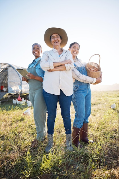 Donne che producono uova e lavorano insieme in fattoria con la tecnologia per l'ispezione e il controllo di qualità Sostenibilità agricola e ritratto di un gruppo di agricoltori con pollo all'aperto per il lavoro di squadra e le piccole imprese