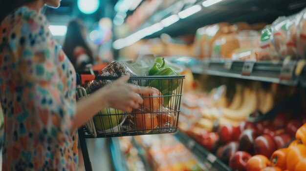 Donne che scelgono prodotti nei supermercati, primo piano del cesto della spesa