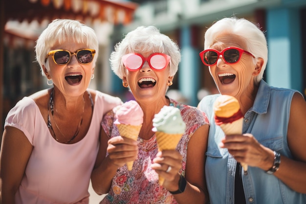 Donne che si divertono e mangiano coni gelato nella strada della città nello stile di grandparentcore