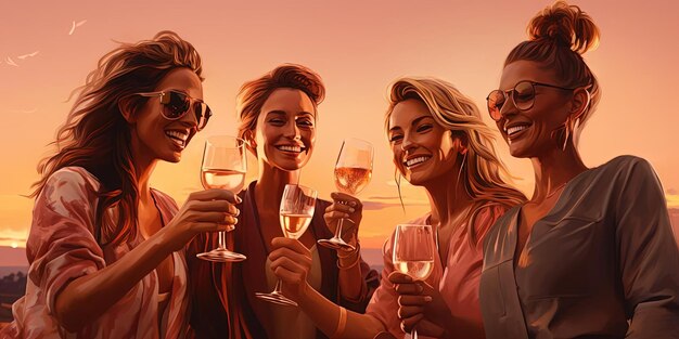 donne che tengono bicchieri di vino al tramonto all'aperto