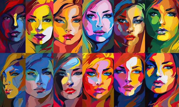 Donne con diversi colori di vernice sul viso nello stile realistico