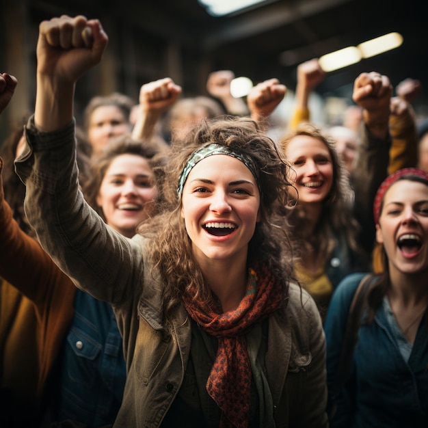 Donne con i pugni in alto che combattono per i loro diritti