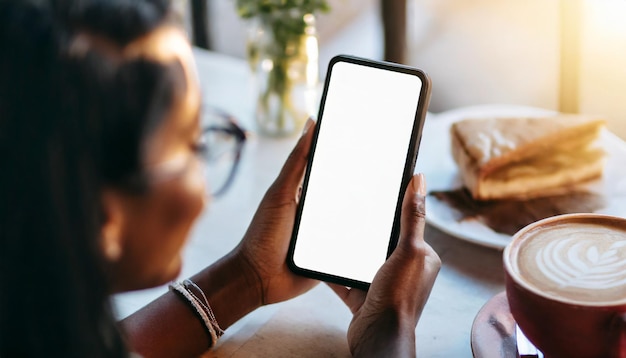 Donne con il telefono cellulare in mano in un caffè che raffigura la connettività moderna e l'uso della tecnologia