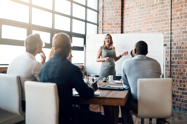 Donne d'affari e presentazione in ufficio per riunioni con discussione brainstorming per idee gestore femminile felicità e gruppo per la pianificazione con lavoro di squadra laboratorio per la formazione professionale