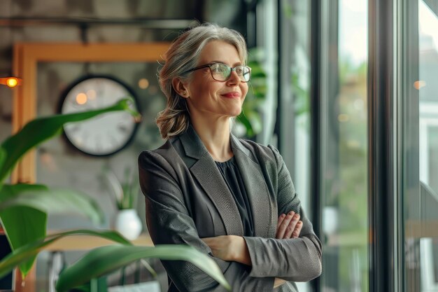 Donne d'affari felici che indossano abiti in piedi in ufficio