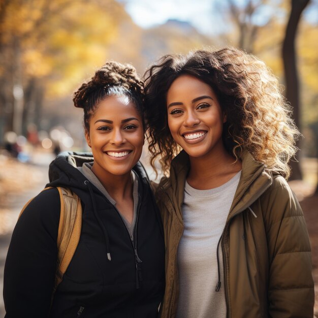 Donne dalla pelle scura sorridenti l'una accanto all'altra nel parco AI generativa