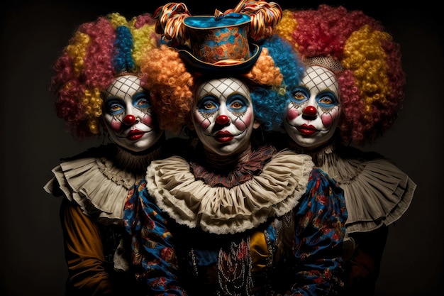 Donne di artisti circensi clown in parrucche e costumi su sfondo nero