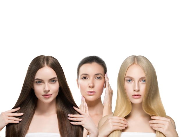 Donne di bei capelli gruppo concetto di bellezza donna con acconciatura lunga colore diverso e moda isolato su bianco. Modello di capelli castani e biondi ricci e lisci. Colpo dello studio.