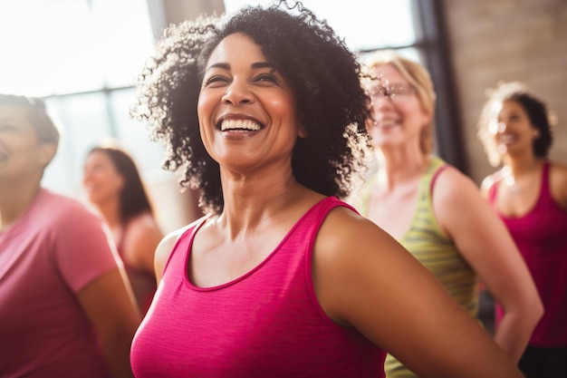 Donne di mezza età che si godono una gioiosa lezione di ballo Zumba con gli amici