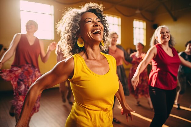 Donne di mezza età che si godono una gioiosa lezione di danza che esprimono francamente il loro stile di vita attivo