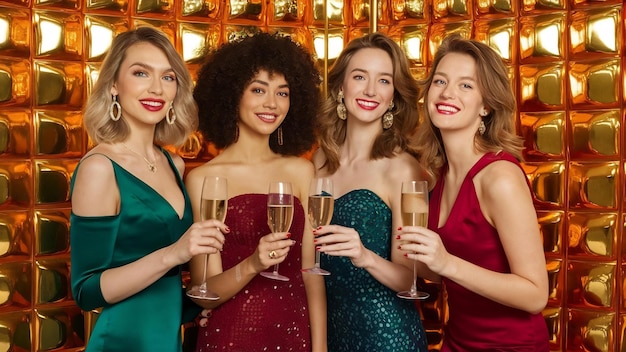 Donne felici e sorridenti in abiti eleganti e glamour con bicchieri da champagne sulla parete dorata.