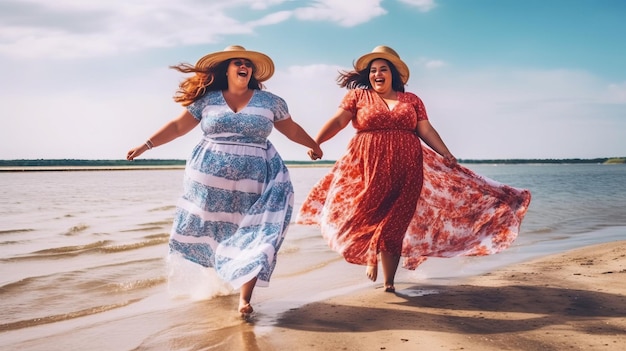 Donne felici e taglie forti che si divertono a passeggiare sulla spiaggia durante le vacanze estive