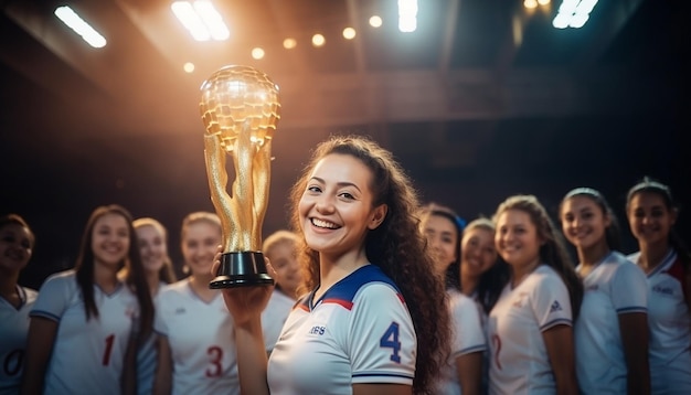 donne felici in abiti da pallavolo che posano sul campo da pallavoro il capitano tiene un trofeo