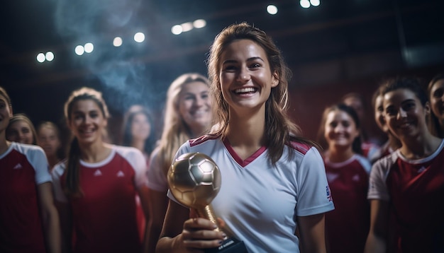 donne felici in abiti da pallavolo che posano sul campo da pallavoro il capitano tiene un trofeo