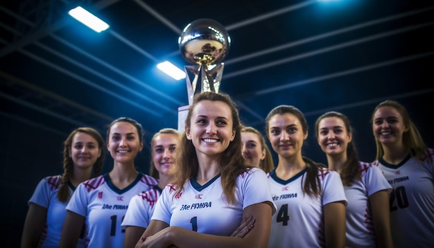 donne felici in abiti da pallavolo che posano sul campo da pallavoro il capitano tiene un trofeo