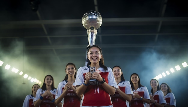 donne felici in abiti da pallavolo che posano sul campo da pallavoro il capitano tiene un trofeo