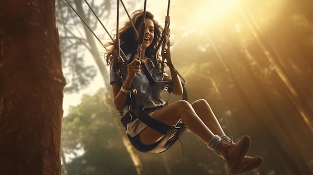 Donne felici ragazza femminile che scivola in arrampicata in zipline estrema del carrello da strada nella foresta sul collegamento di sicurezza del moschettone sull'albero Copia spazio per il testo